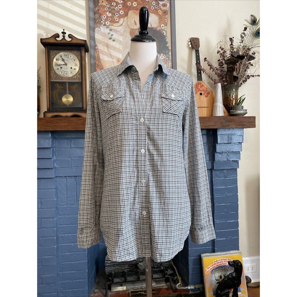 Elizabeth and James L Womens Fitted Cotton Plaid Print Buttoned Collared Top